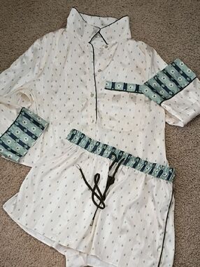 Free People Cream Pajama Set with Teal Trim